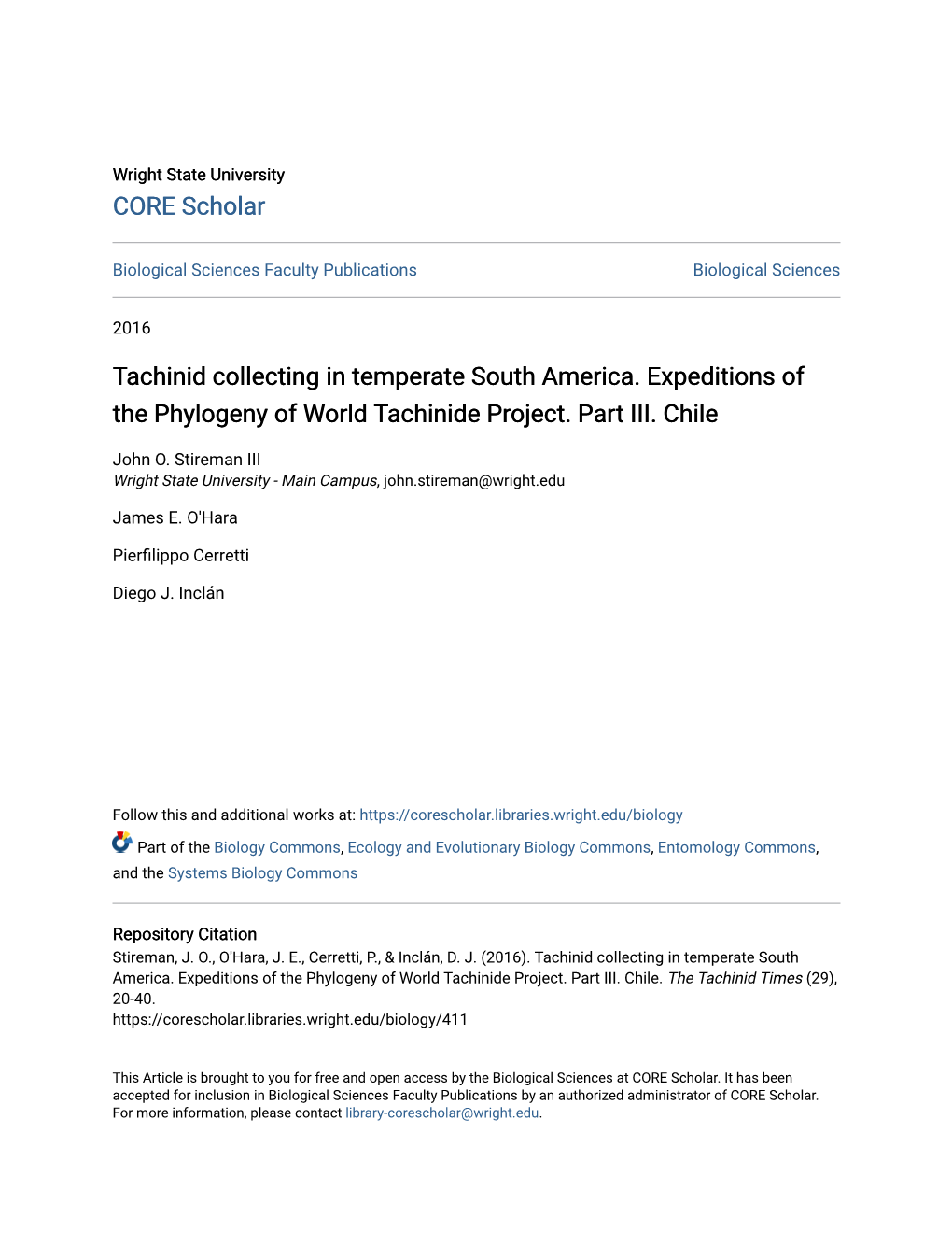 Tachinid Collecting in Temperate South America. Expeditions of the Phylogeny of World Tachinide Project