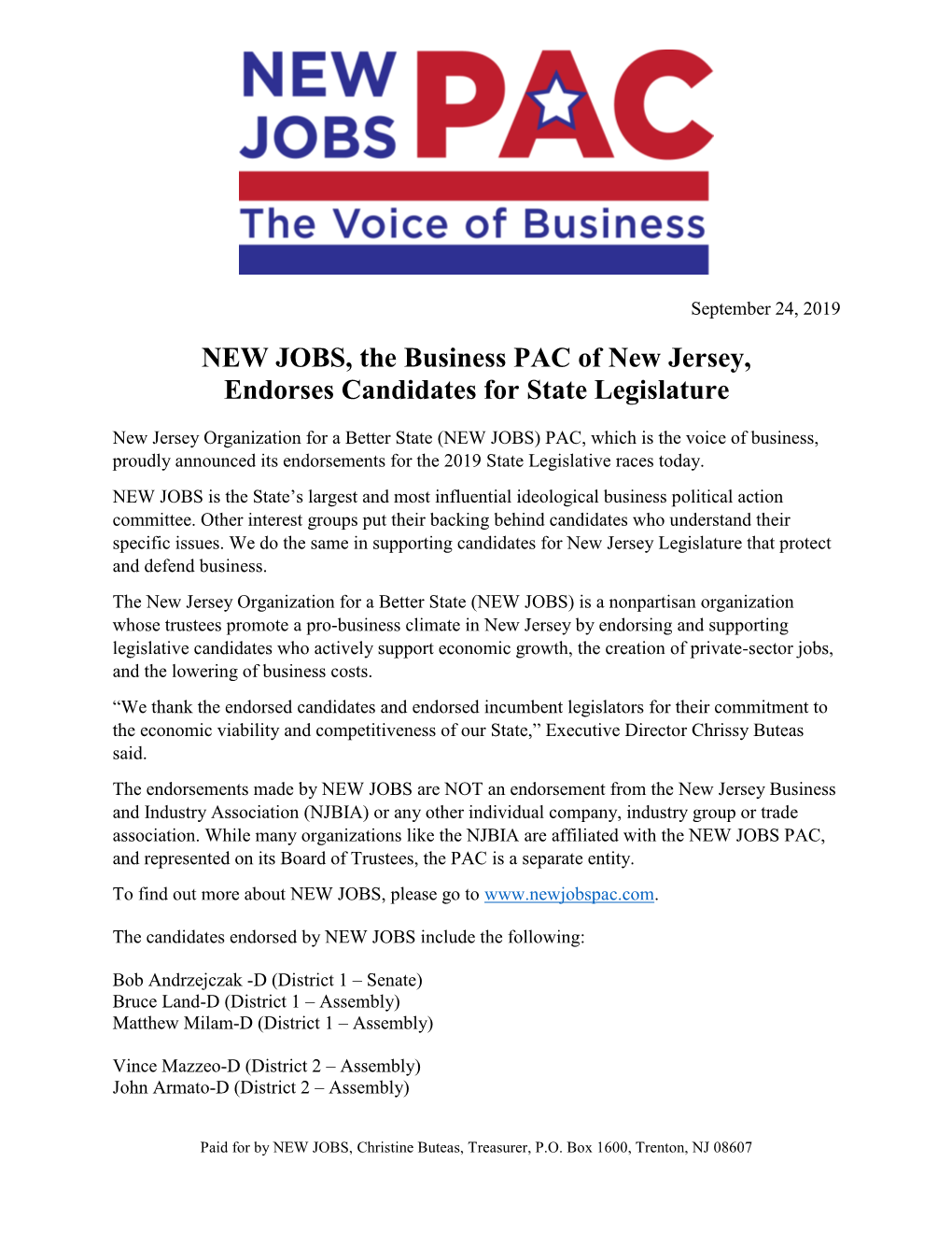 NEW JOBS, the Business PAC of New Jersey, Endorses Candidates for State Legislature