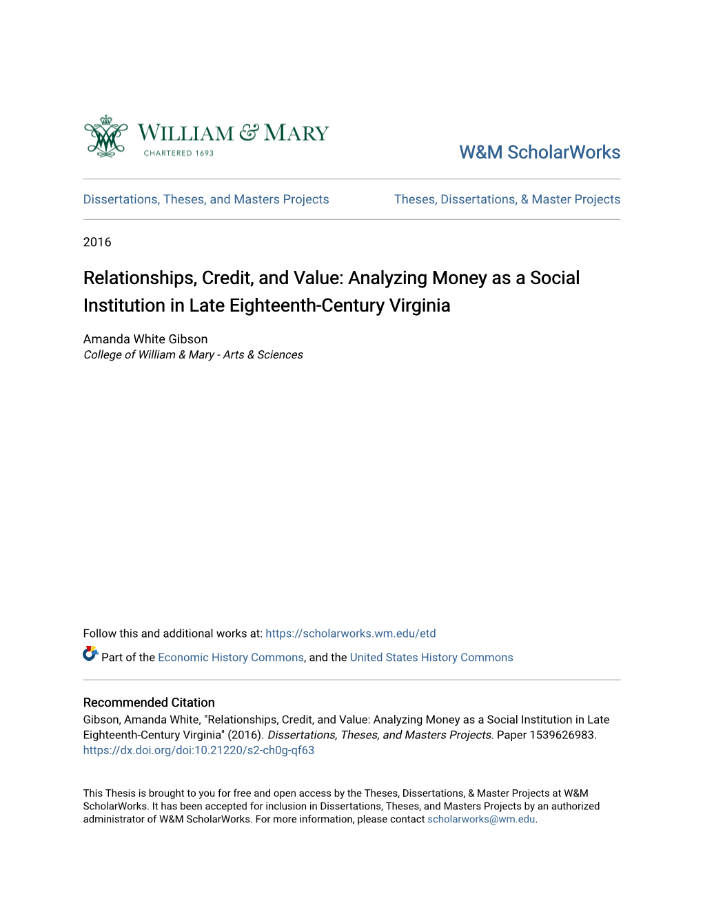 Relationships, Credit, and Value: Analyzing Money As a Social Institution in Late Eighteenth-Century Virginia