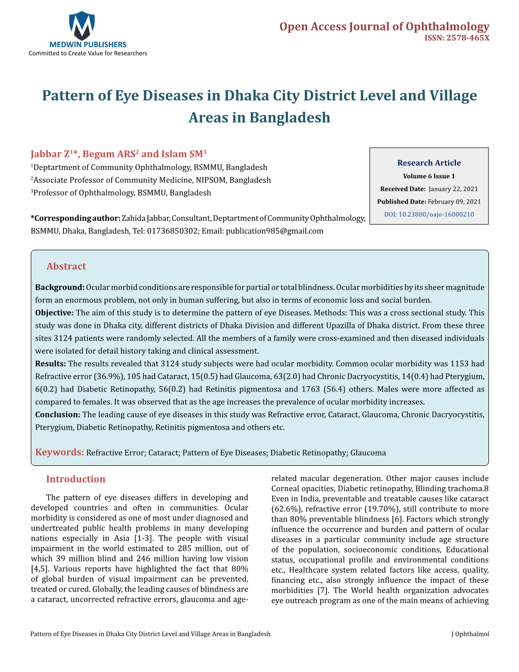 Pattern of Eye Diseases in Dhaka City District Level and Village Areas in Bangladesh