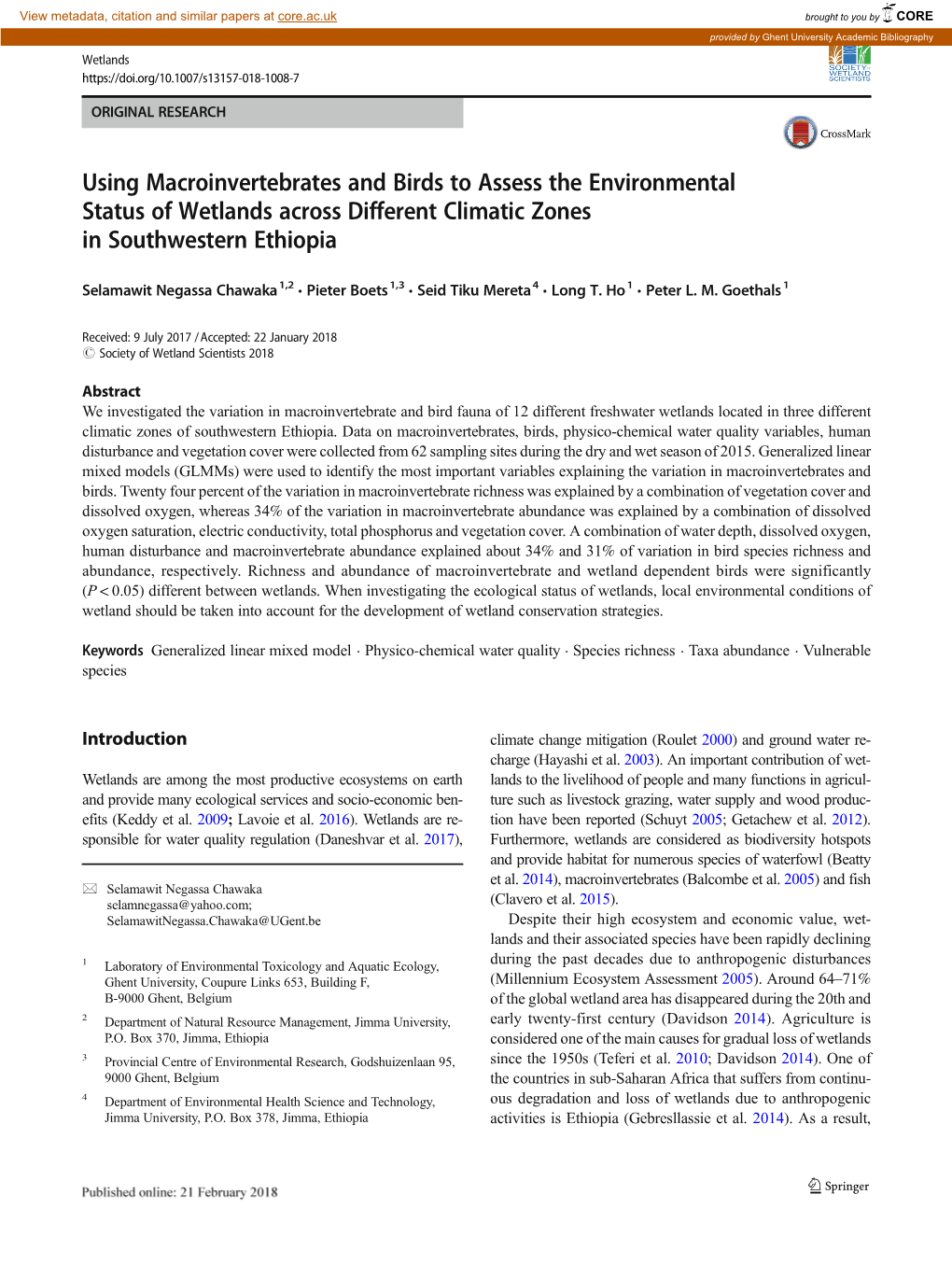 Using Macroinvertebrates and Birds to Assess the Environmental Status of Wetlands Across Different Climatic Zones in Southwestern Ethiopia