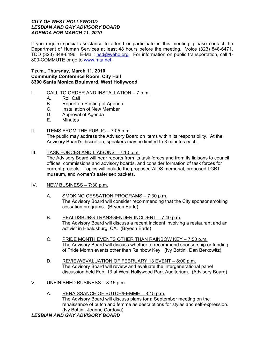 City of West Hollywood Lesbian and Gay Advisory Board Agenda for March 11, 2010