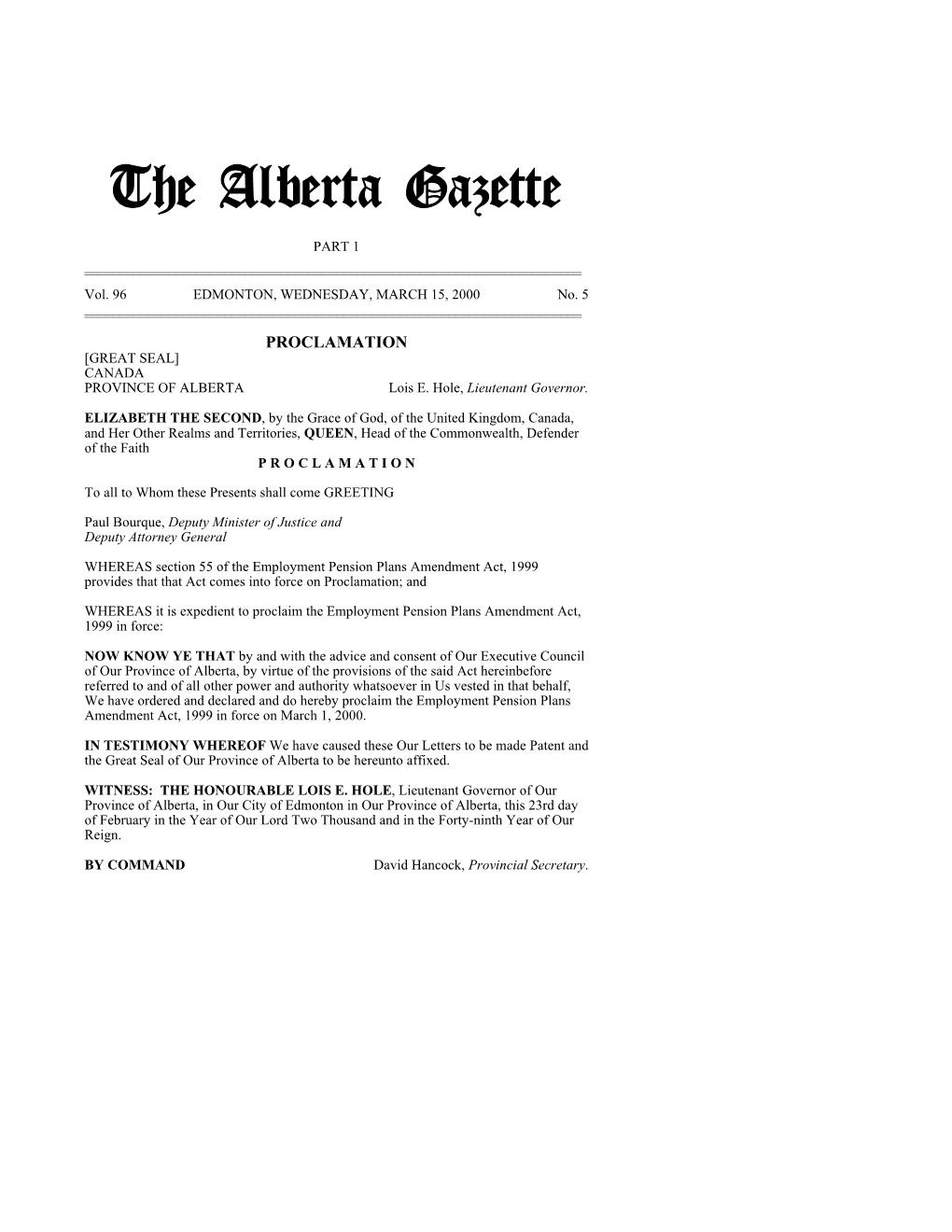 The Alberta Gazette, Part I, March 15, 2000