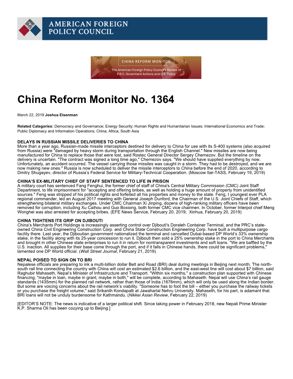 China Reform Monitor No. 1364 | American Foreign Policy Council