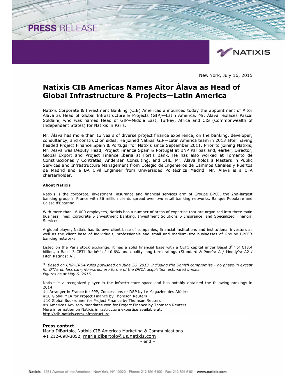 Natixis CIB Americas Names Aitor Álava As Head of Global Infrastructure & Projects—Latin America