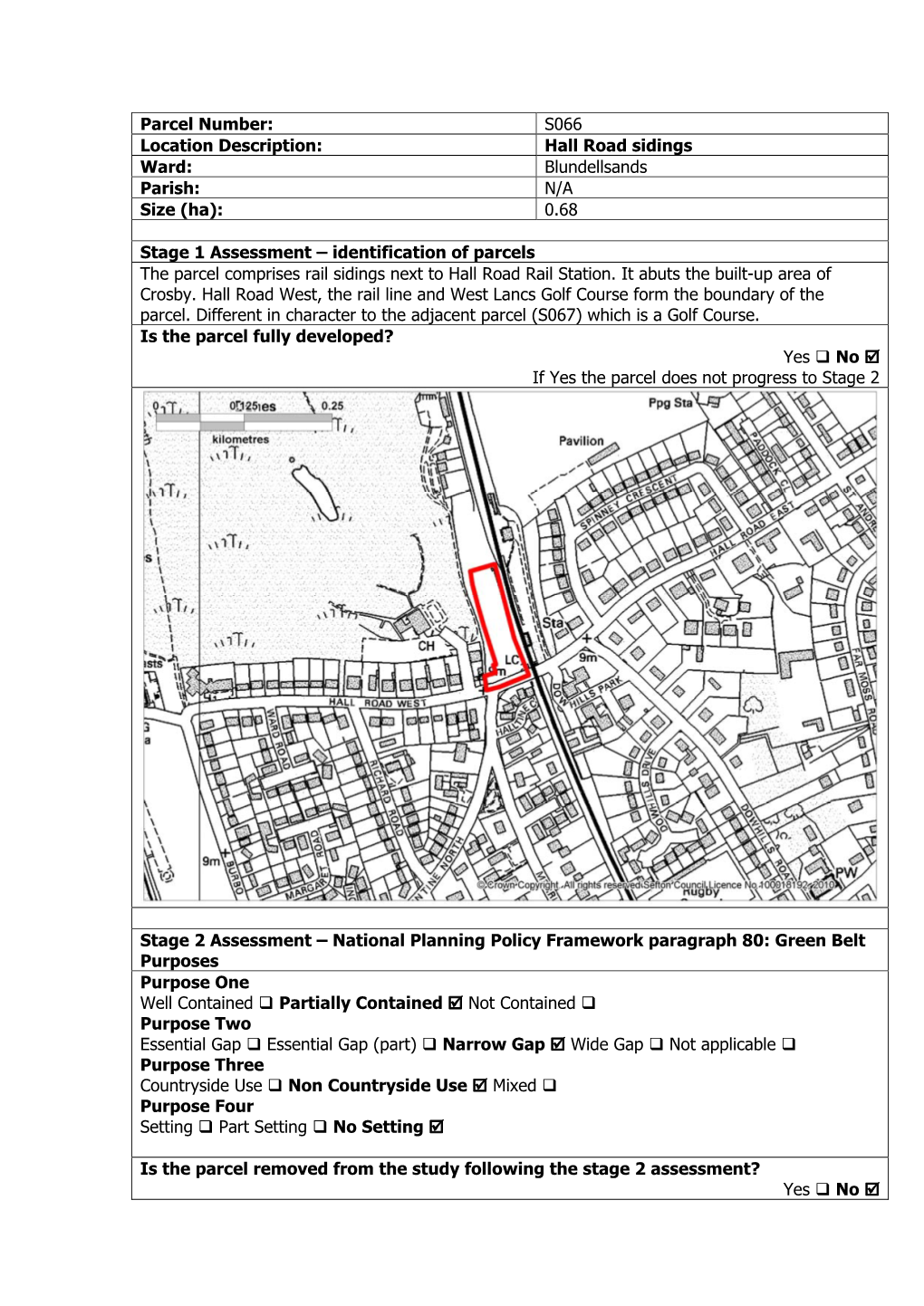 Parcel Number: S066 Location Description: Hall Road Sidings Ward: Blundellsands Parish: N/A Size (Ha): 0.68 Stage 1 Assessment