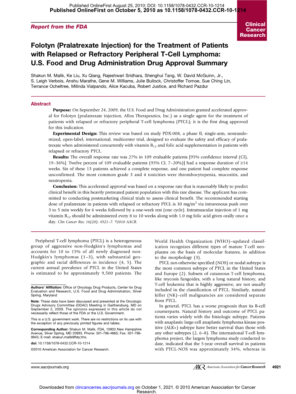 Folotyn (Pralatrexate Injection) for the Treatment of Patients with Relapsed Or Refractory Peripheral T-Cell Lymphoma: U.S