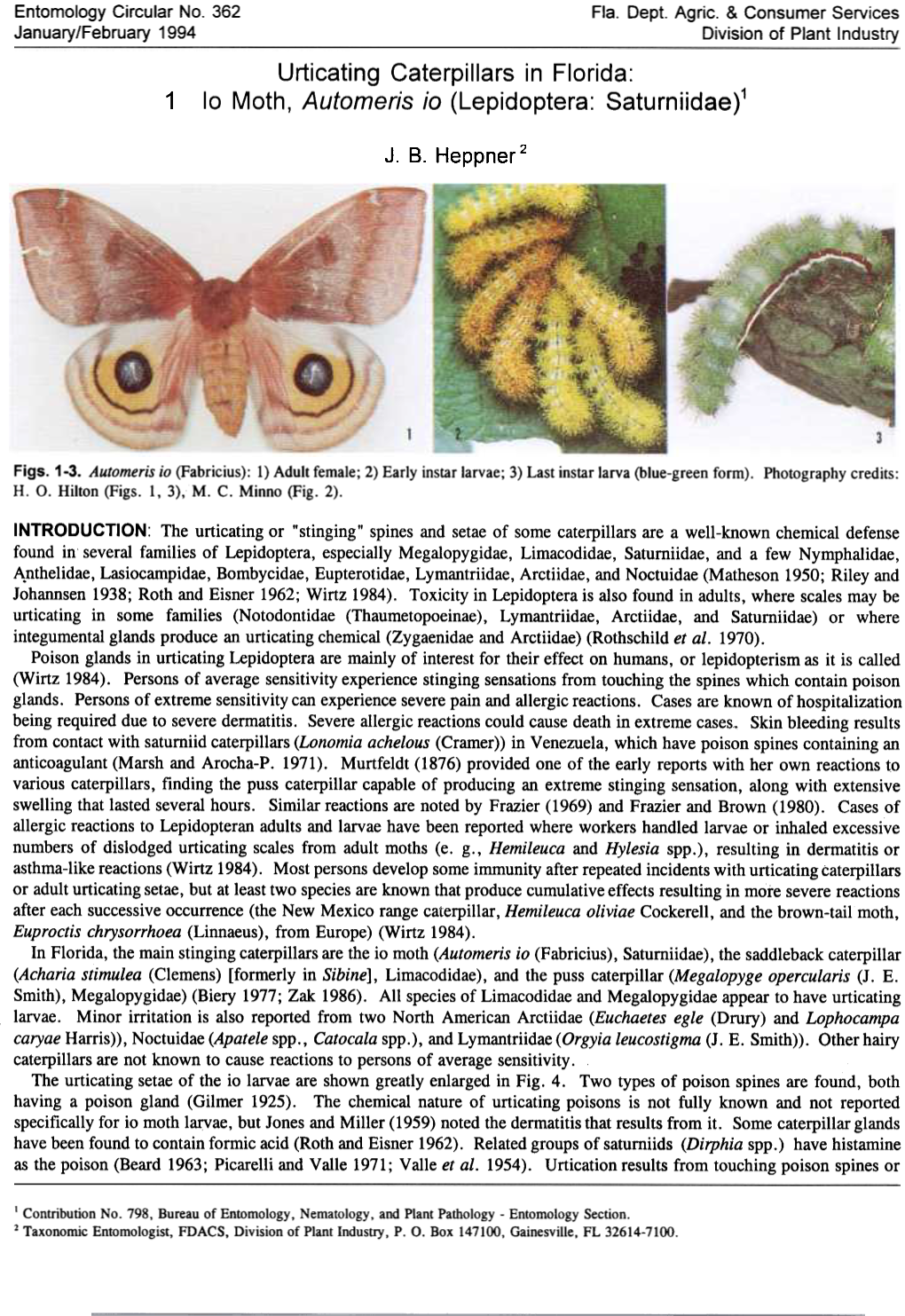 Urticating Caterpillars in Florida: 1 10 Moth, Automeris Io (Lepidoptera: Saturniidae)1