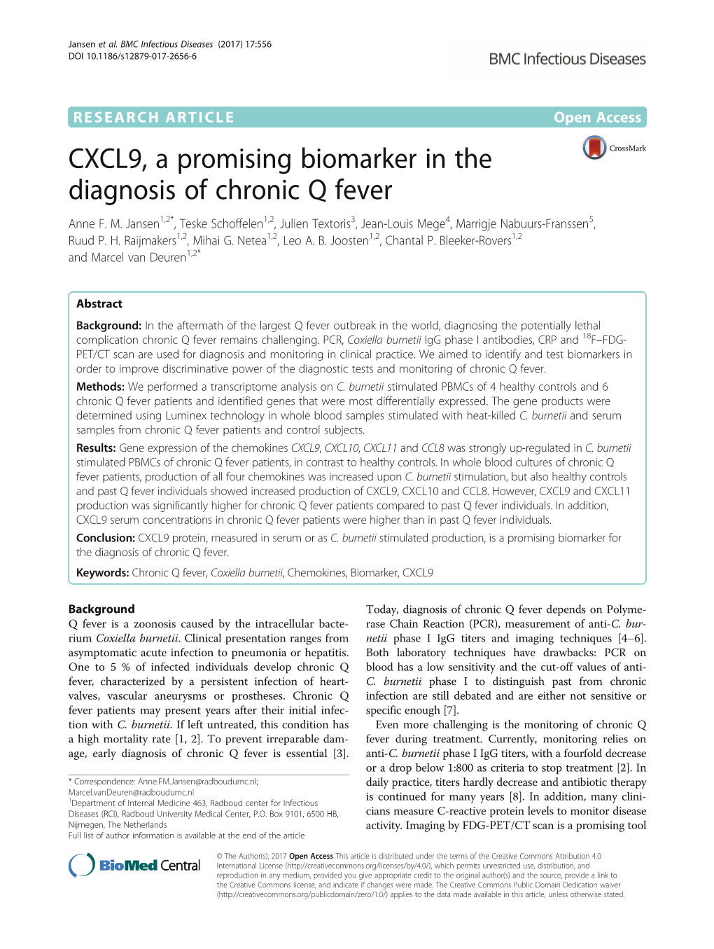 CXCL9, a Promising Biomarker in the Diagnosis of Chronic Q Fever Anne F
