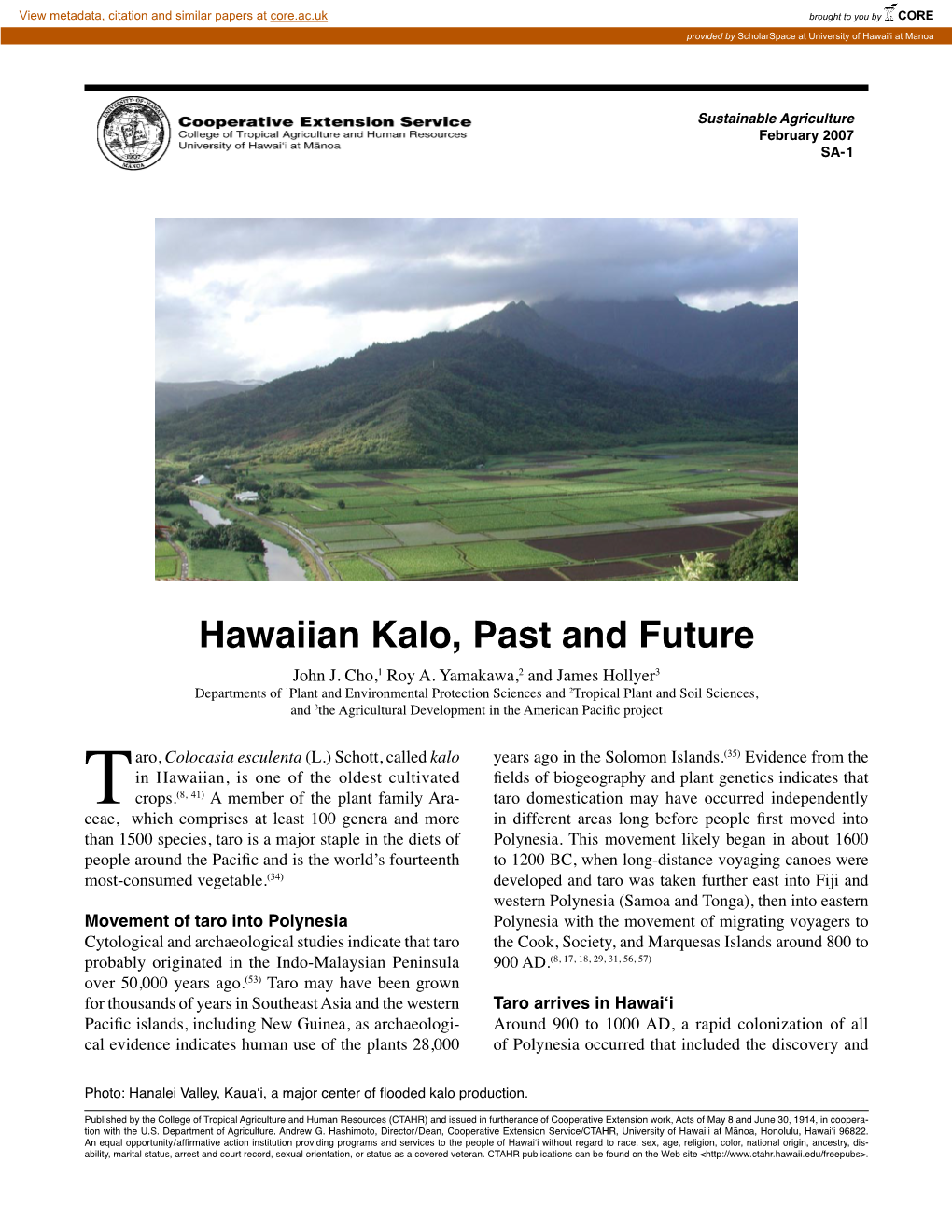 Hawaiian Kalo, Past and Future John J