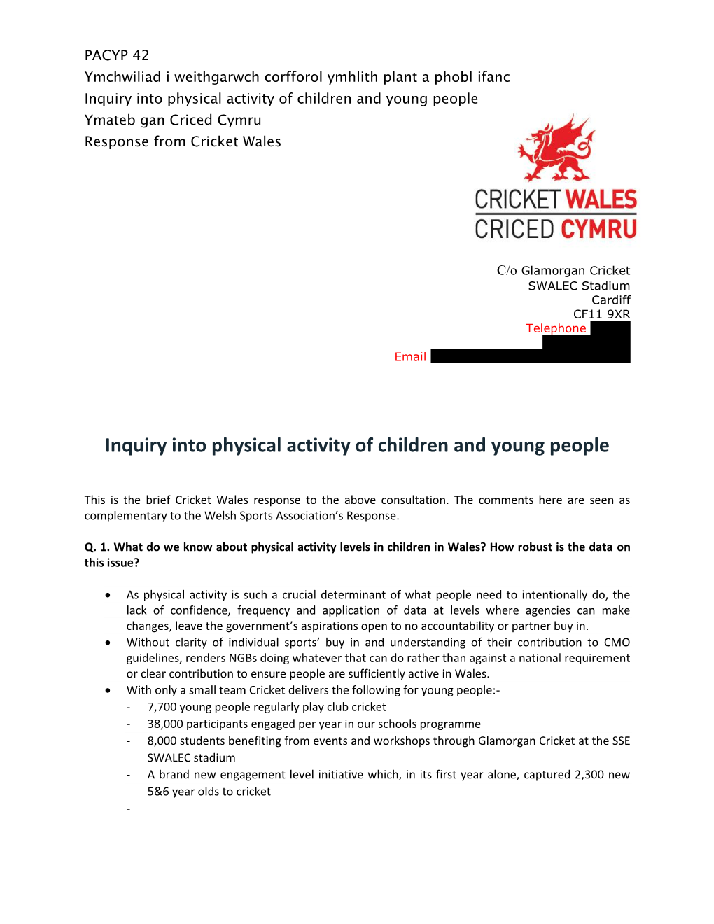 Inquiry Into Physical Activity of Children and Young People Ymateb Gan Criced Cymru Response from Cricket Wales