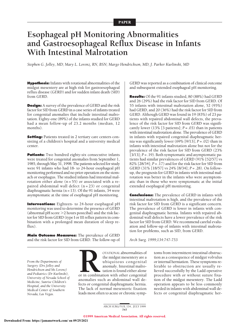 Esophageal Ph Monitoring Abnormalities and Gastroesophageal Reflux Disease in Infants with Intestinal Malrotation