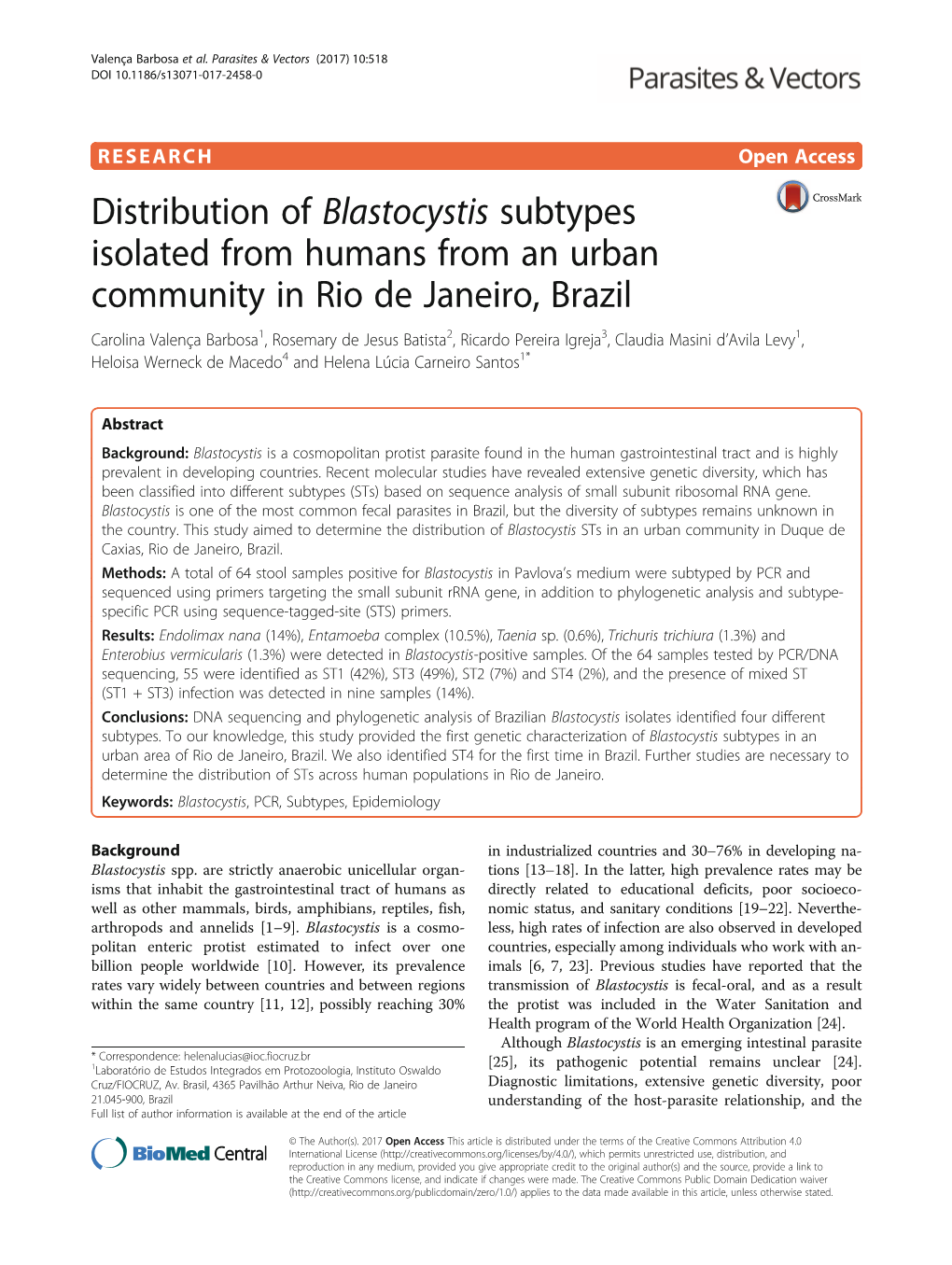 Distribution of Blastocystis Subtypes Isolated from Humans from An