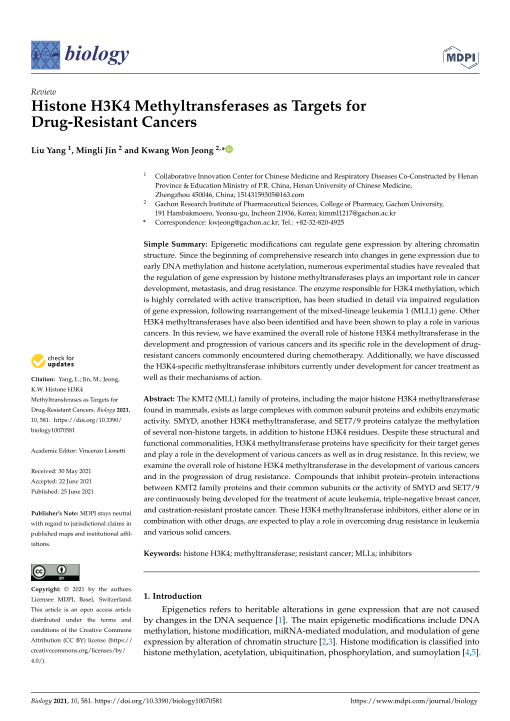 Histone H3K4 Methyltransferases As Targets for Drug-Resistant Cancers