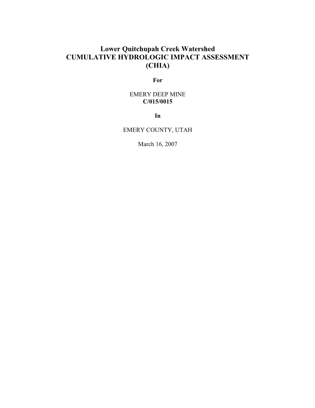 Lower Quitchupah Creek Watershed CUMULATIVE HYDROLOGIC IMPACT ASSESSMENT (CHIA)