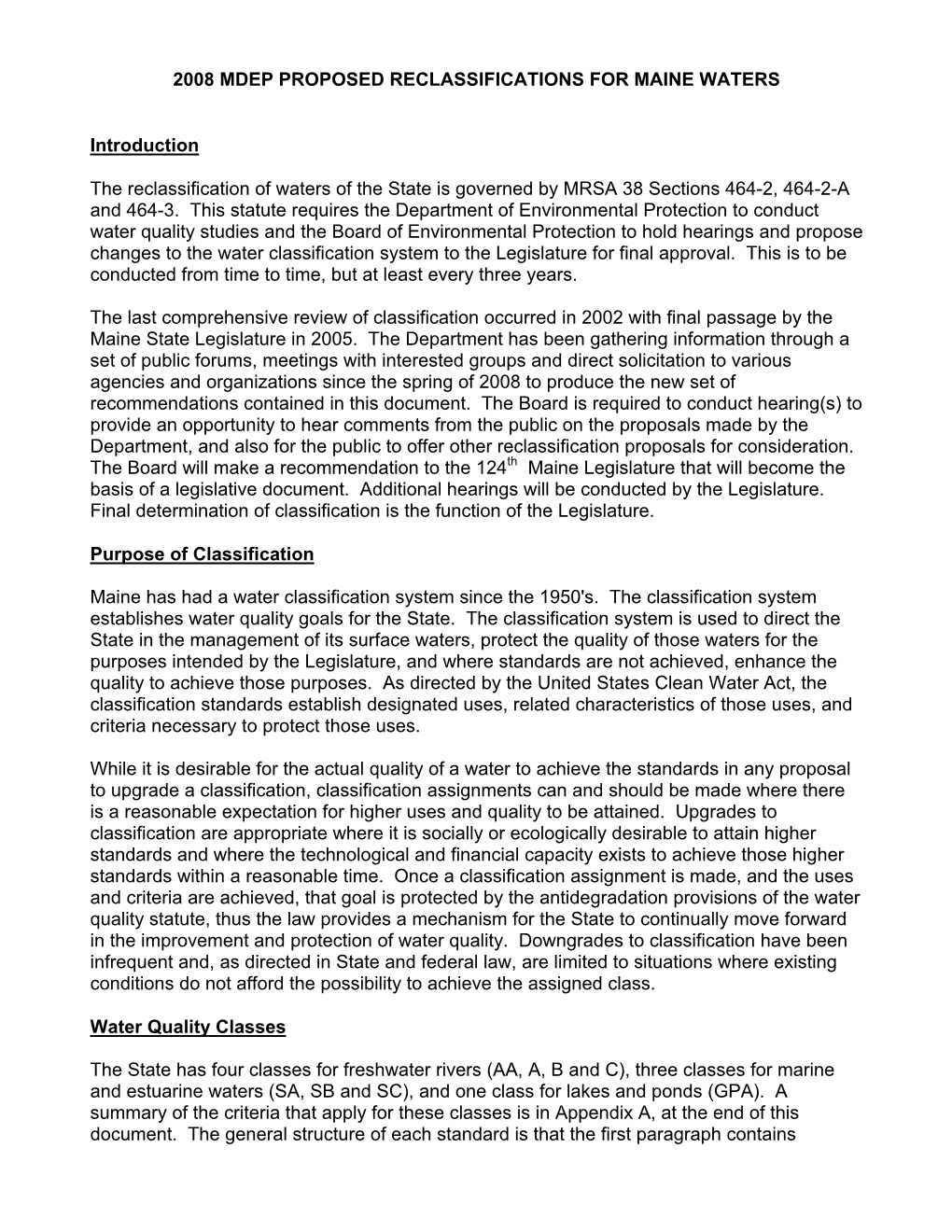 2008 Mdep Proposed Reclassifications for Maine Waters