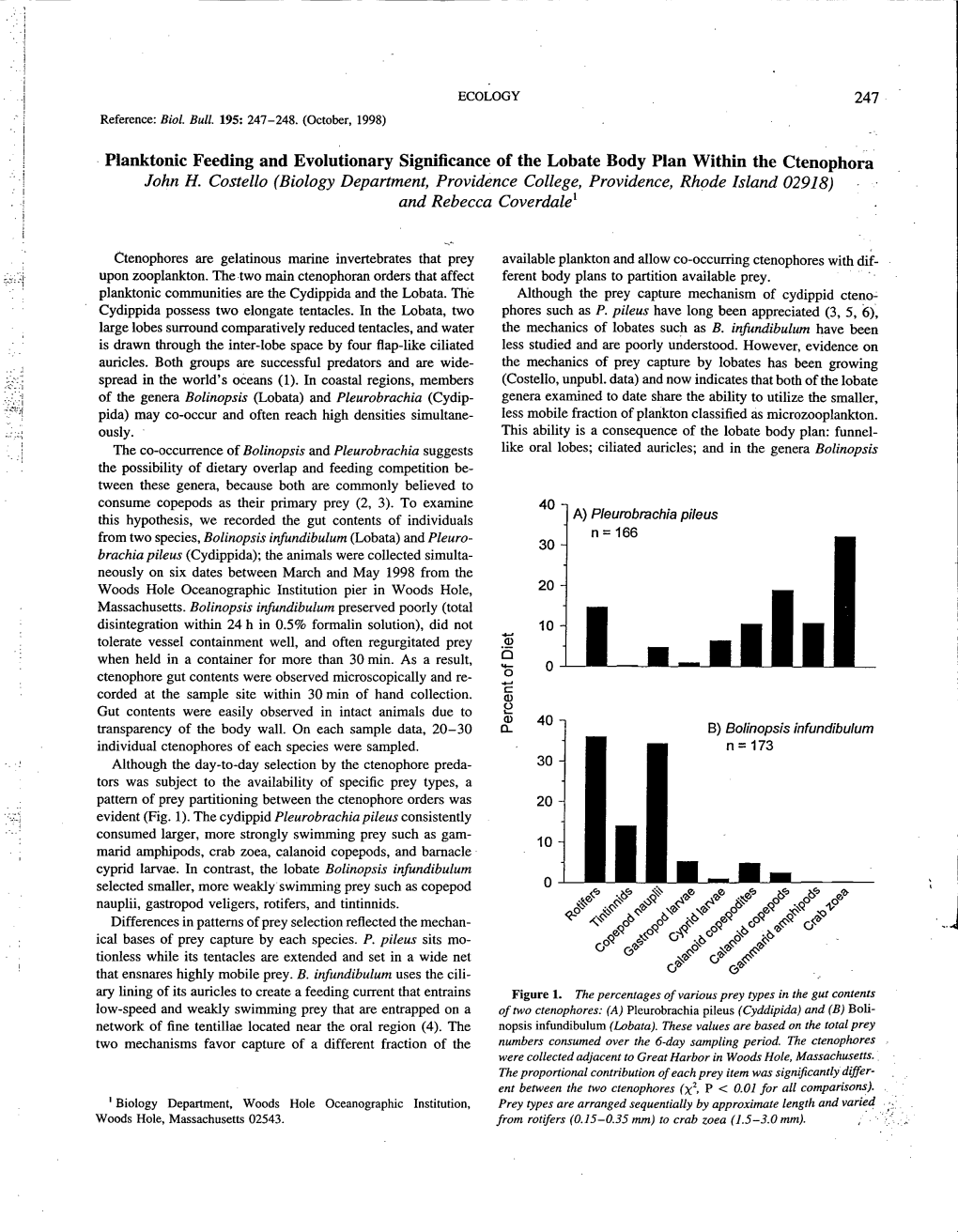 · Planktonic Feeding and Evolutionary Significance of the Lobate Body Plan Within the Ctenophora John H