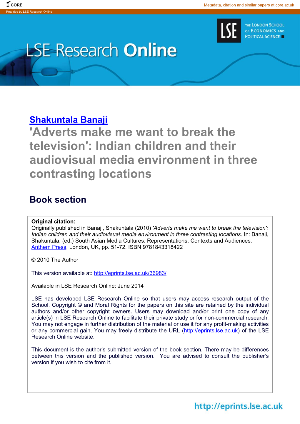 'Adverts Make Me Want to Break the Television': Indian Children and Their Audiovisual Media Environment in Three Contrasting Locations