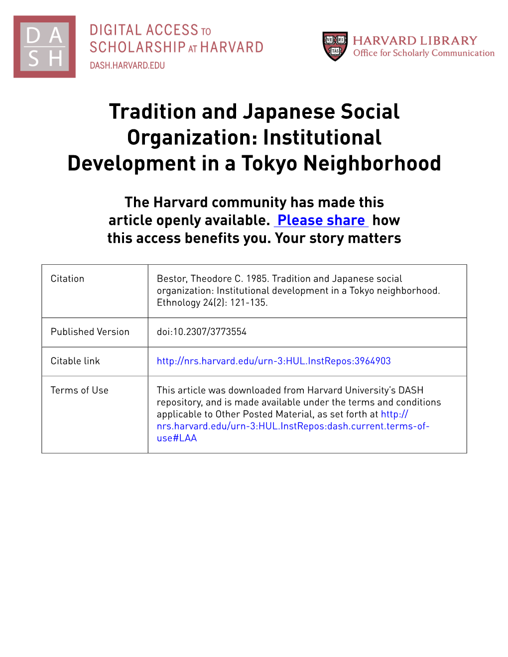 Tradition and Japanese Social Organization: Institutional Development in a Tokyo Neighborhood