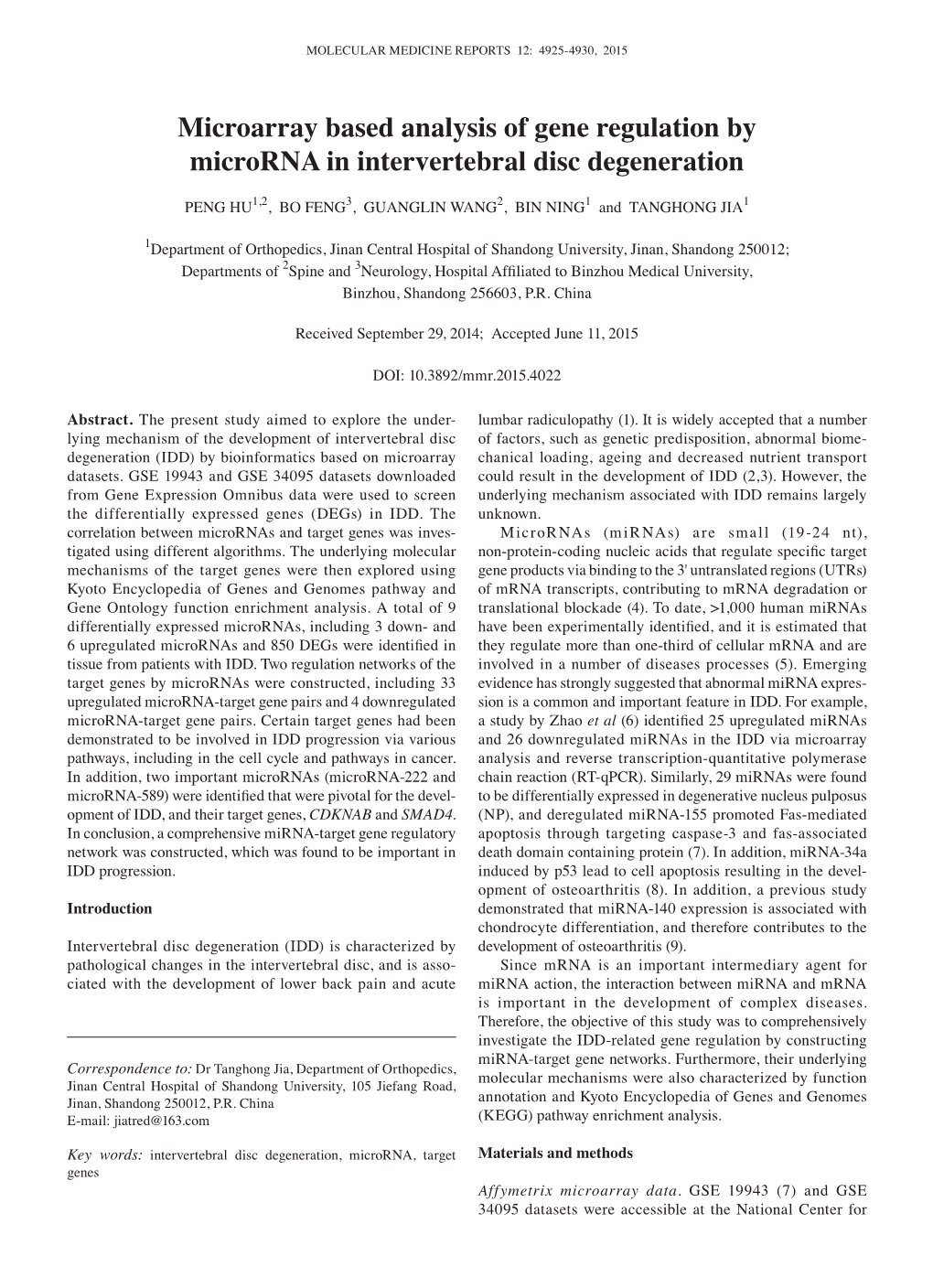 Microarray Based Analysis of Gene Regulation by Microrna in Intervertebral Disc Degeneration