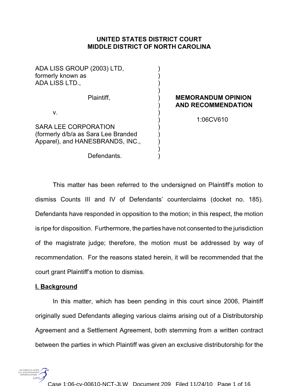 S:\Civil\Adaliss\Ada Liss Motion to Dismiss Counterclaims.Wpd