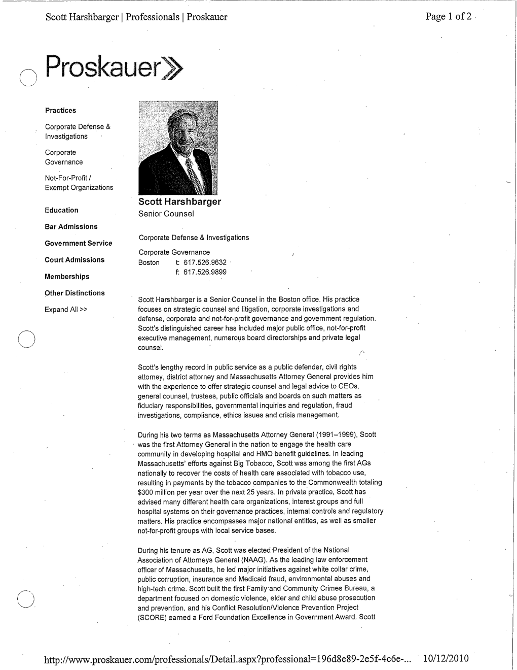 Scott Harshbarger I Professionals I Proskauer Page 1 of 2 Scott