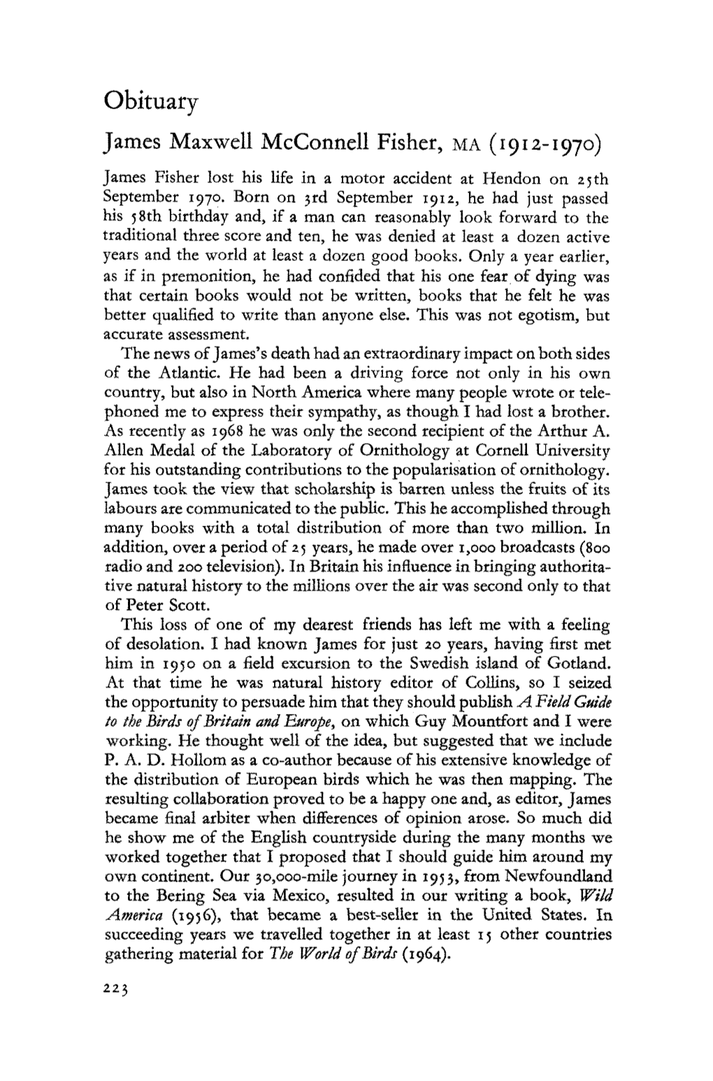 Obituary James Maxwell Mcconnell Fisher, MA (1912-1970) James Fisher Lost His Life in a Motor Accident at Hendon on 25 Th September 1970