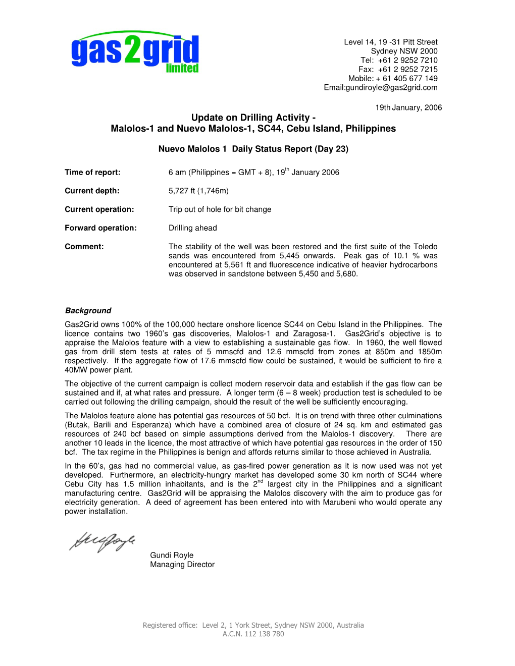 Update on Drilling Activity - Malolos-1 and Nuevo Malolos-1, SC44, Cebu Island, Philippines