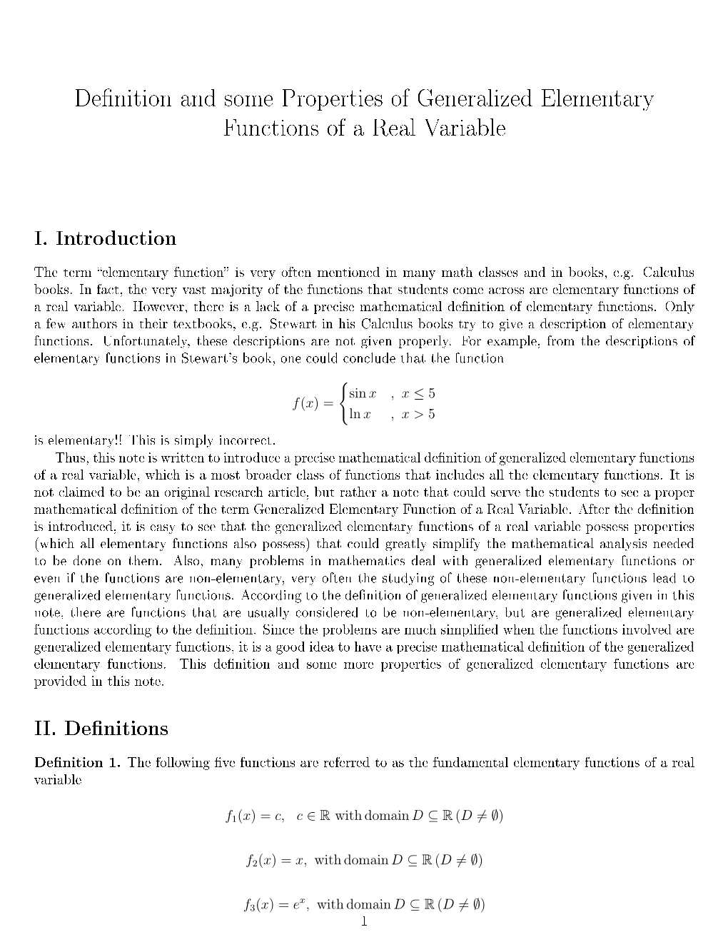De Nition and Some Properties of Generalized Elementary Functions