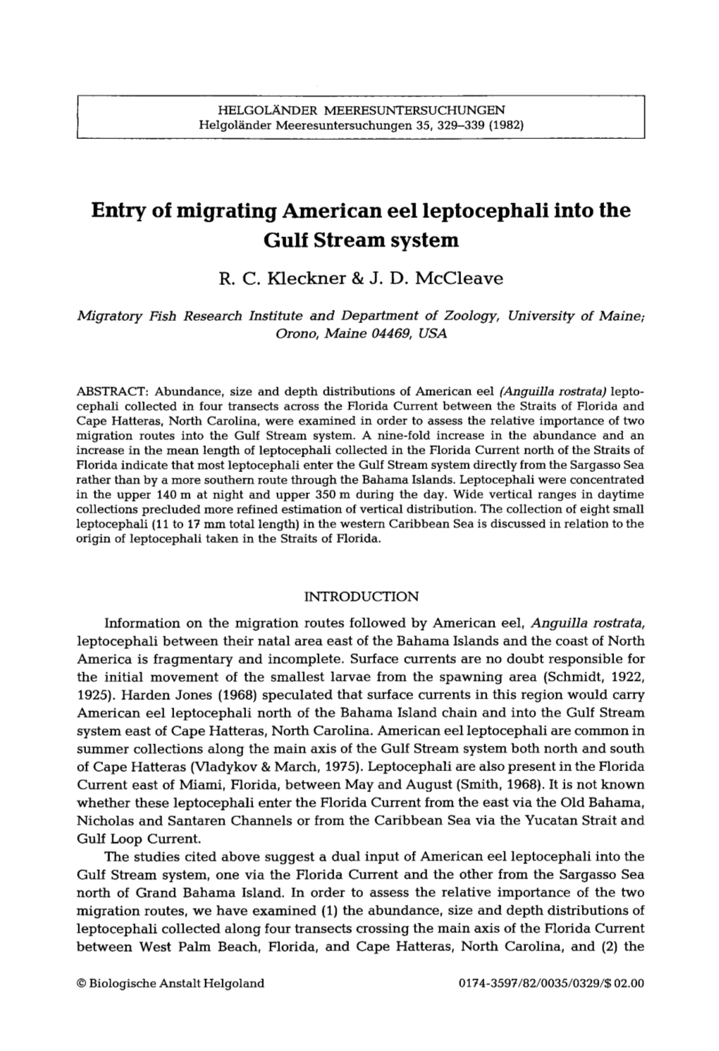 Entry of Migrating American Eel Leptocephali Into the Gulf Stream System