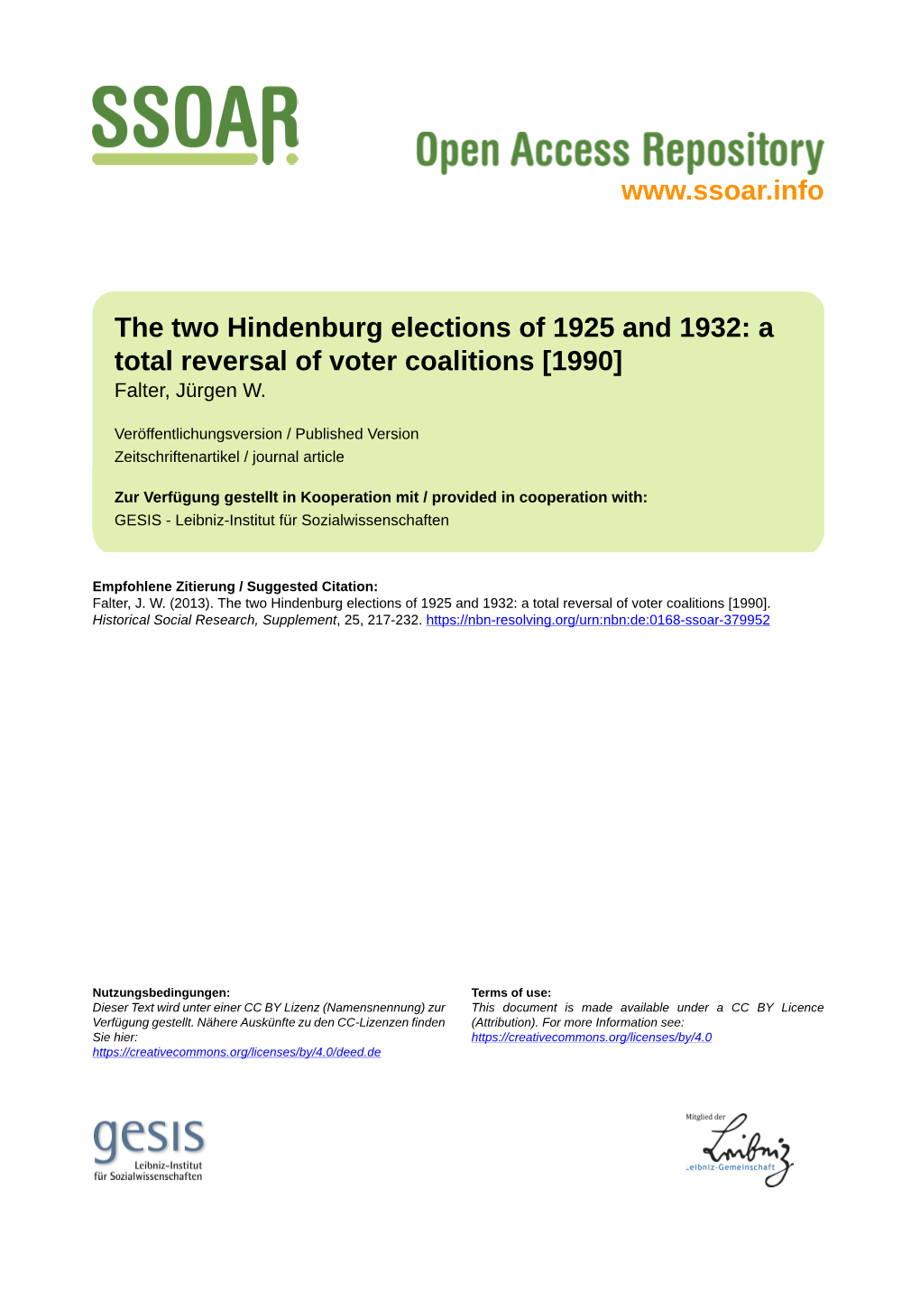 The Two Hindenburg Elections of 1925 and 1932: a Total Reversal of Voter Coalitions [1990] Falter, Jürgen W