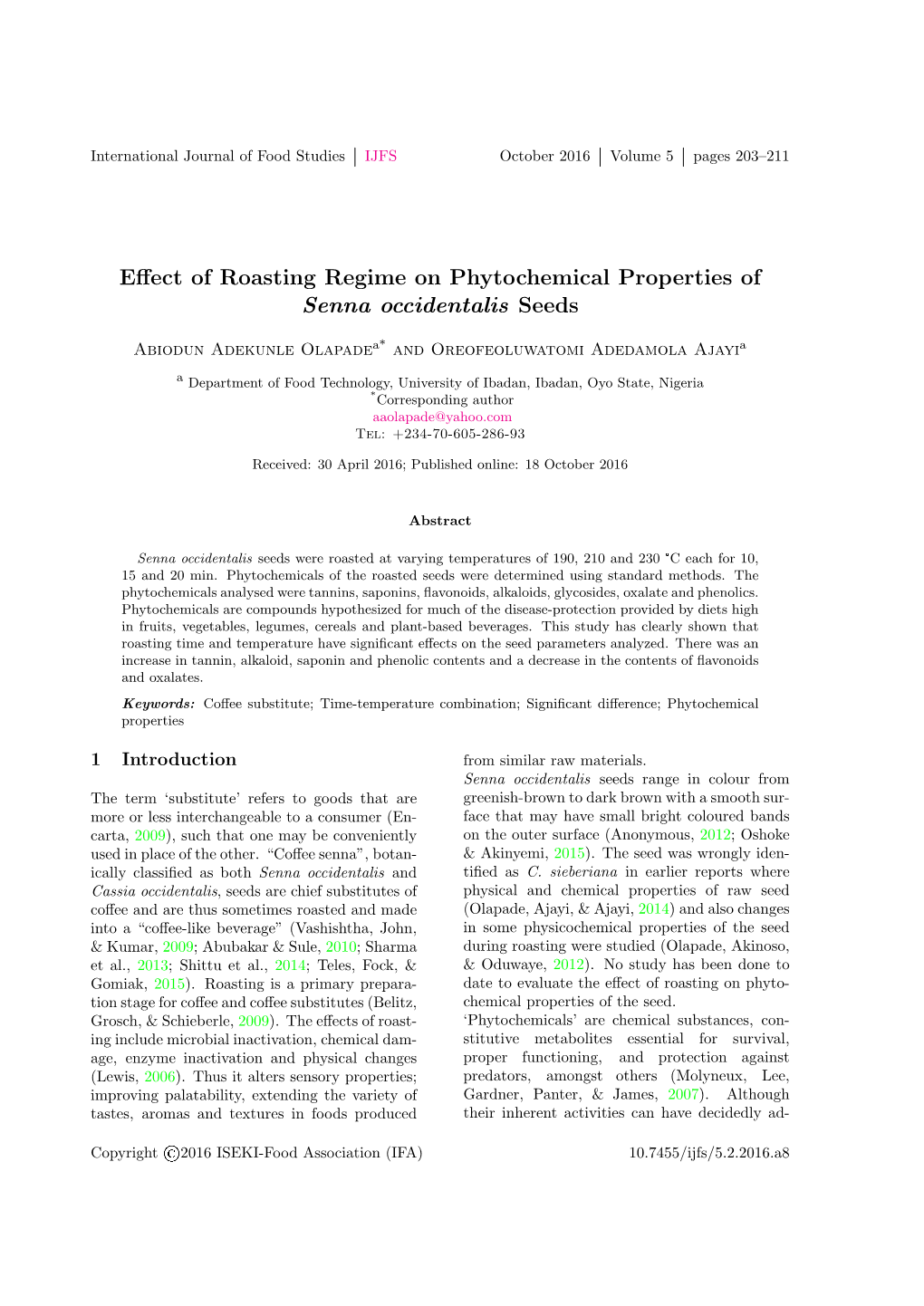 Effect of Roasting Regime on Phytochemical Properties of Senna