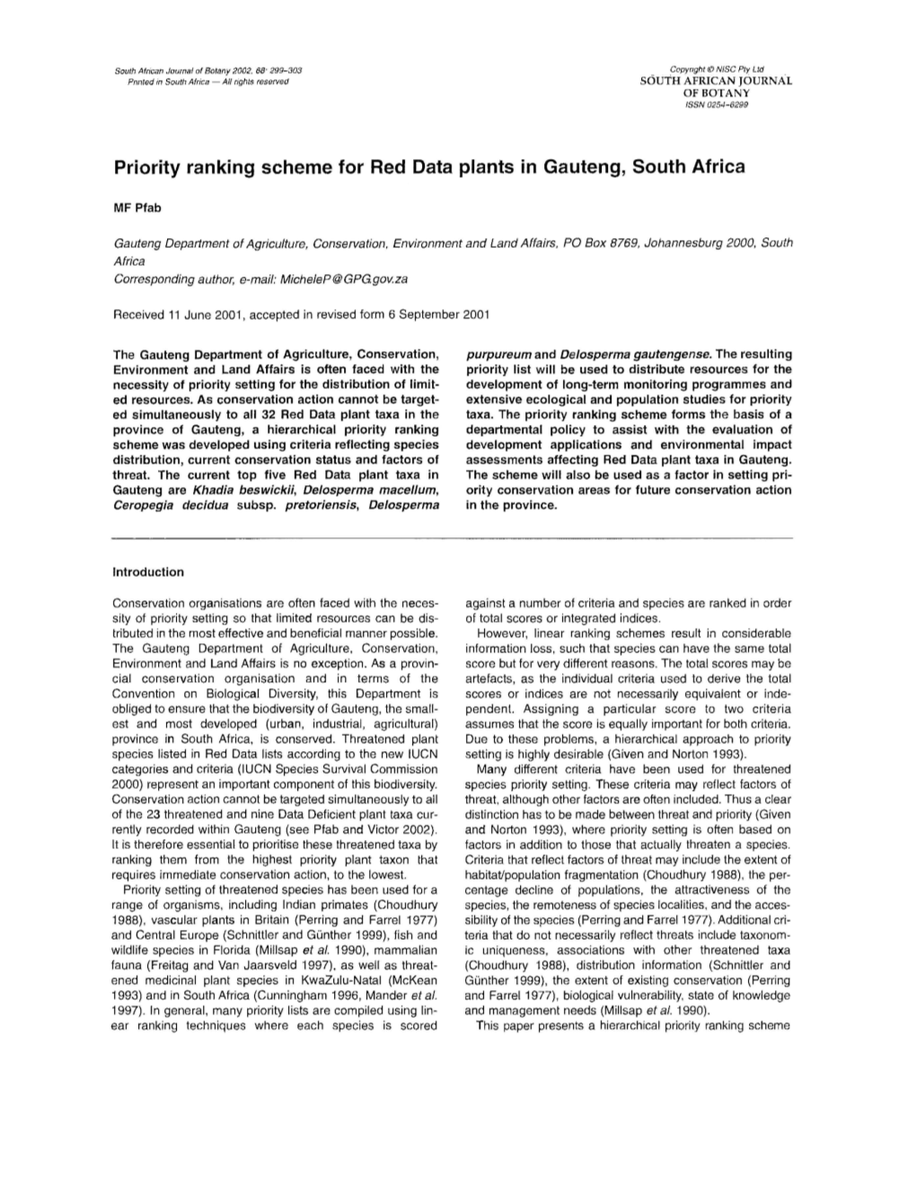 Priority Ranking Scheme for Red Data Plants in Gauteng, South Africa