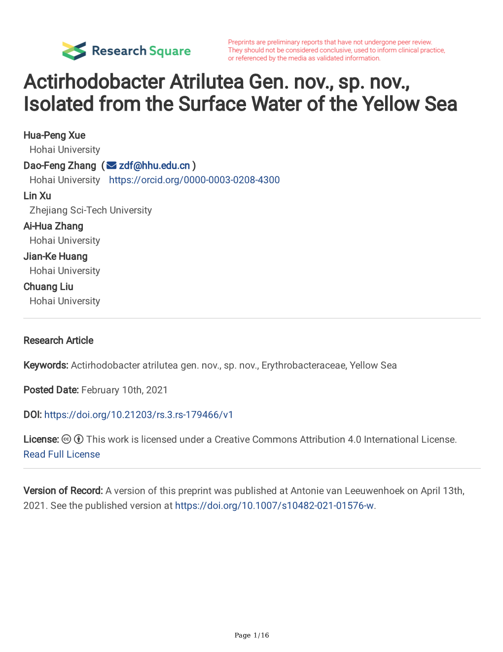 Actirhodobacter Atrilutea Gen. Nov., Sp. Nov., Isolated from the Surface Water of the Yellow Sea