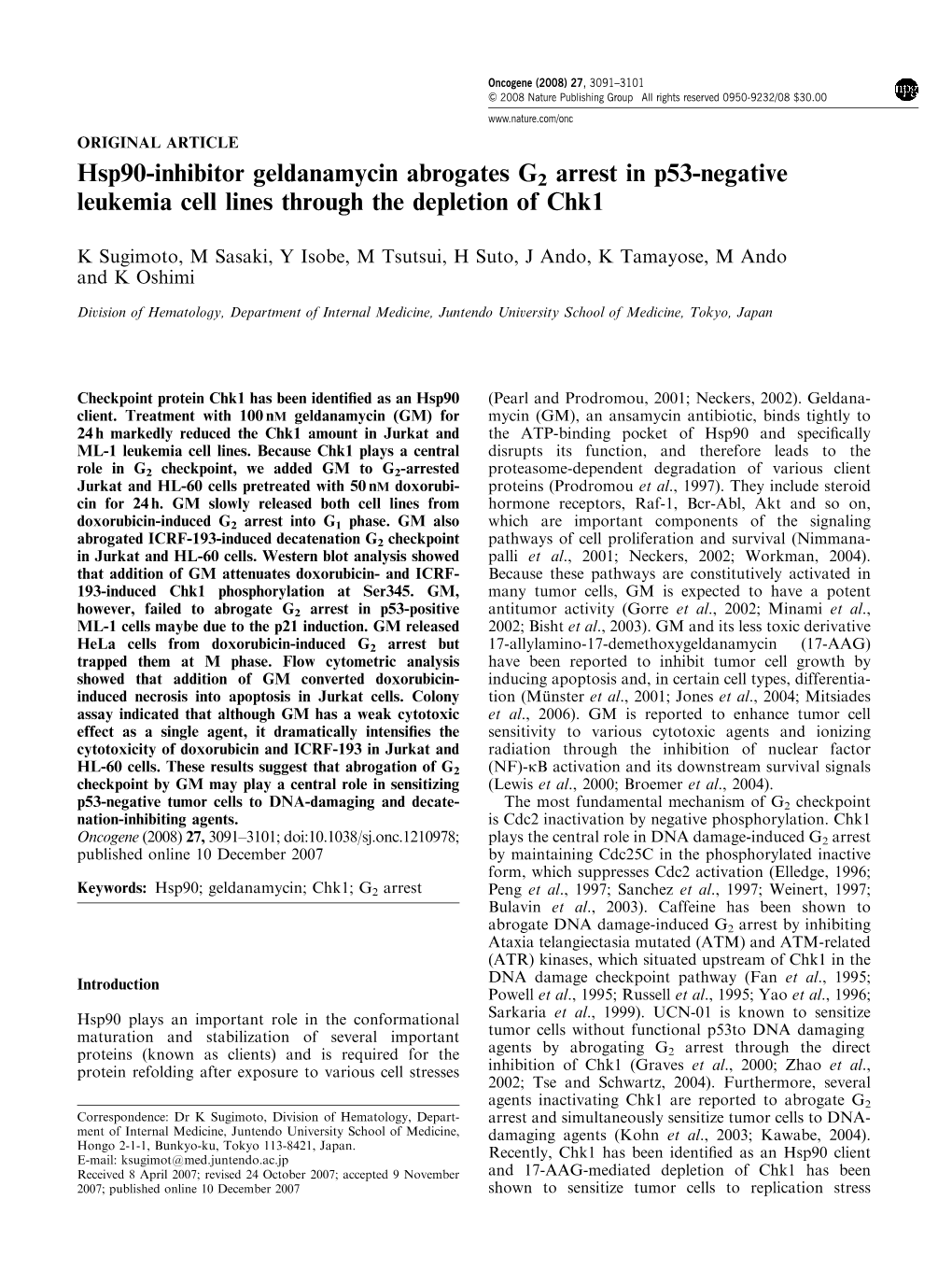 Hsp90-Inhibitor Geldanamycin Abrogates G2 Arrest in P53-Negative Leukemia Cell Lines Through the Depletion of Chk1