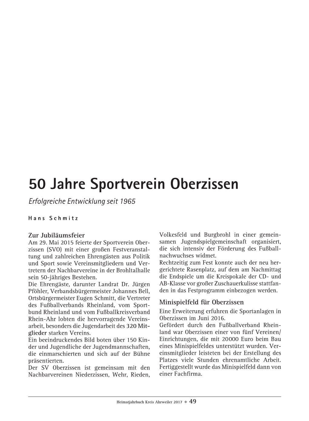 50 Jahre Sportverein Oberzissen Erfolgreiche Entwicklung Seit 1965