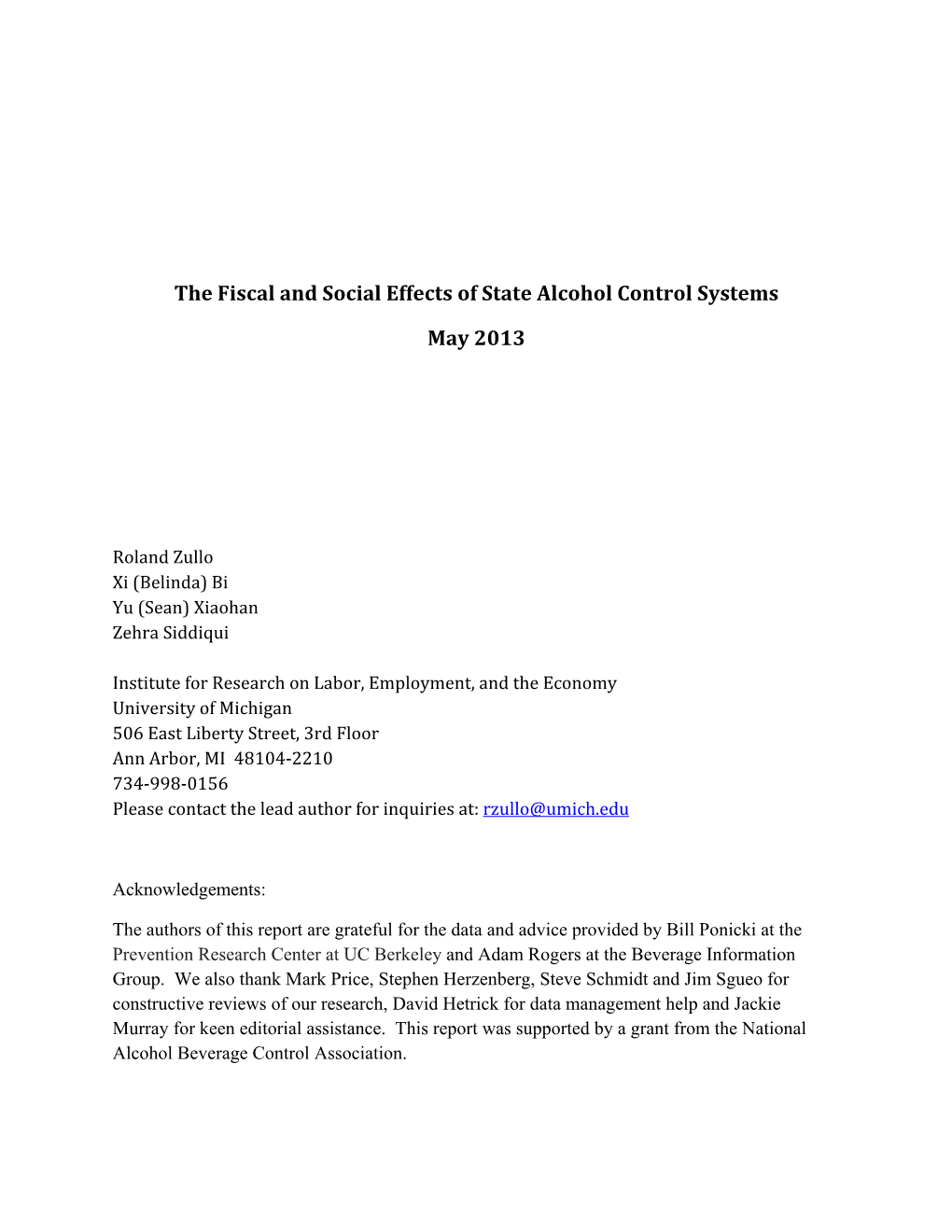 The Fiscal and Social Effects of State Alcohol Control Systems May 2013
