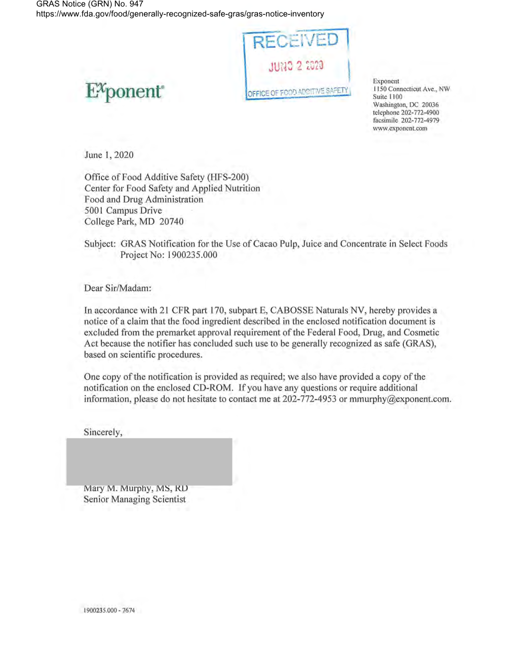 GRAS Notice (GRN) 947; Cacao Pulp, Juice, and Juice Concentrate