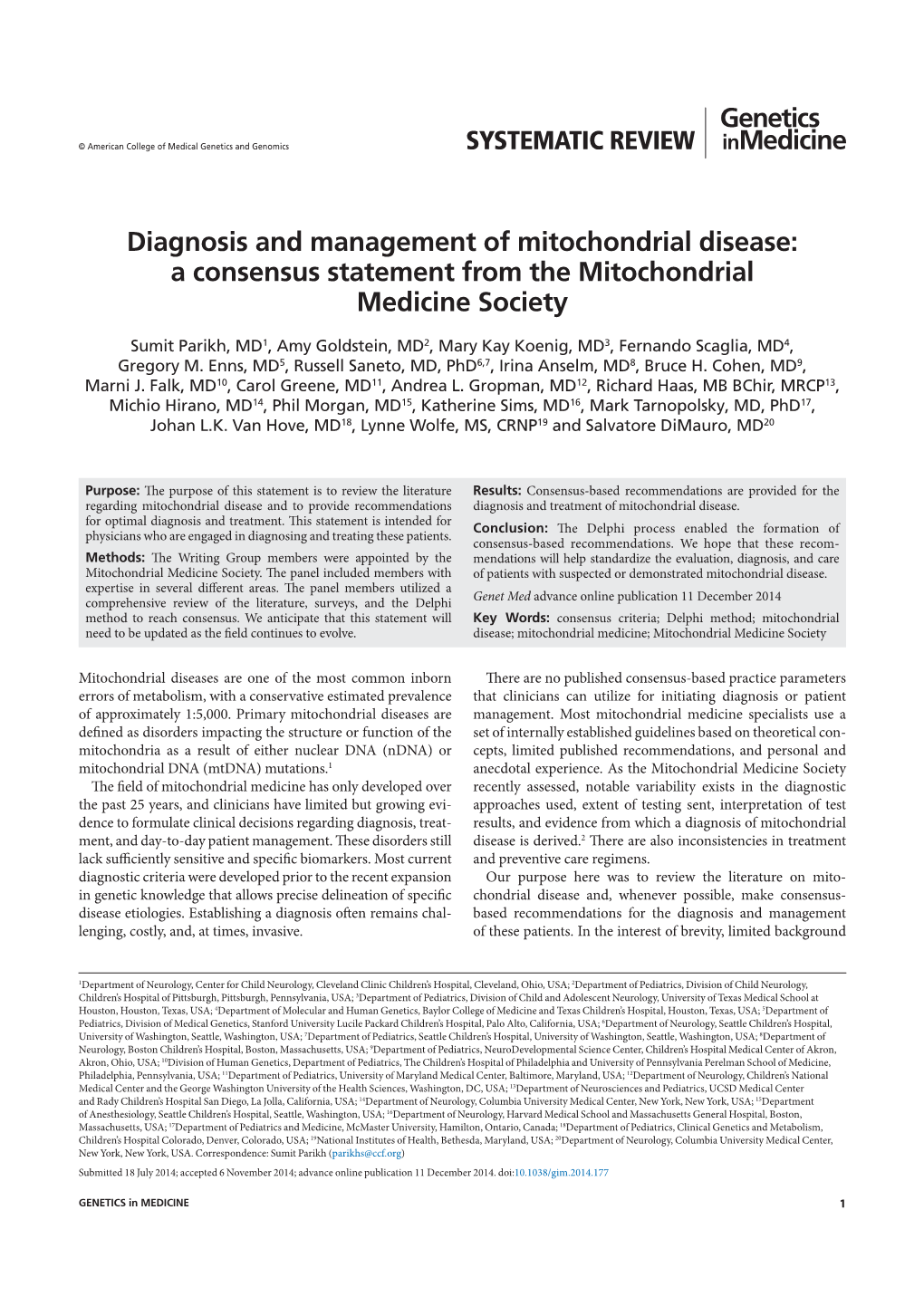 A Consensus Statement from the Mitochondrial Medicine Society