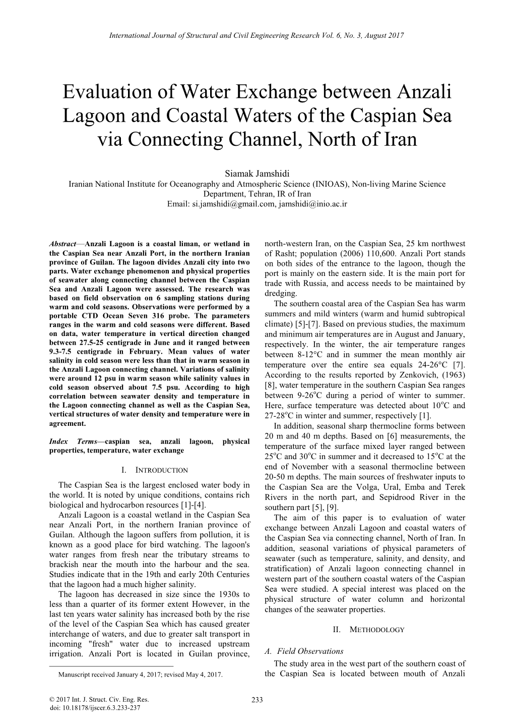 Evaluation of Water Exchange Between Anzali Lagoon and Coastal Waters of the Caspian Sea Via Connecting Channel, North of Iran
