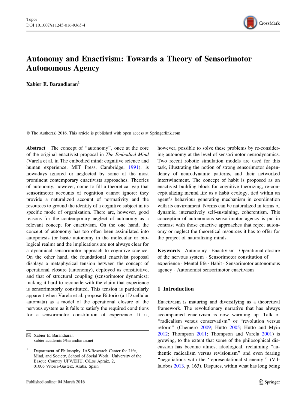 Autonomy and Enactivism: Towards a Theory of Sensorimotor Autonomous Agency