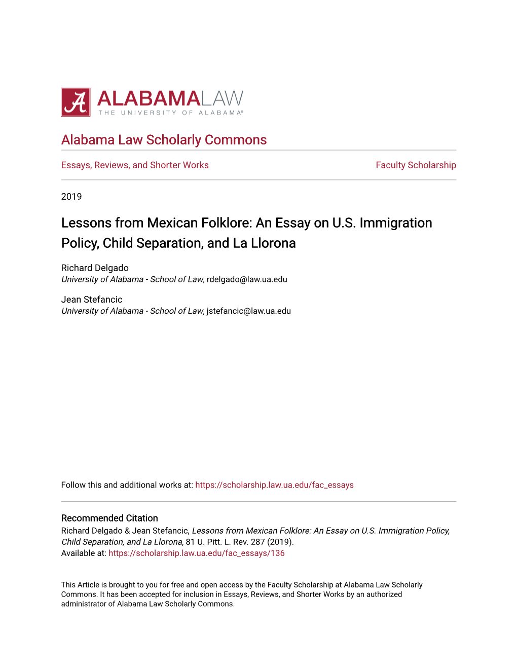 Lessons from Mexican Folklore: an Essay on U.S. Immigration Policy, Child Separation, and La Llorona