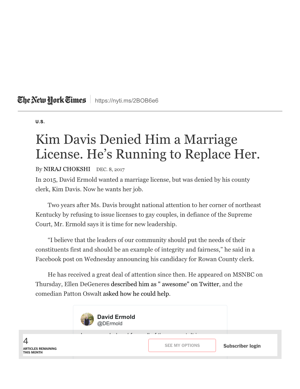 Kim Davis Denied Him a Marriage License. Heâ•Žs Running To