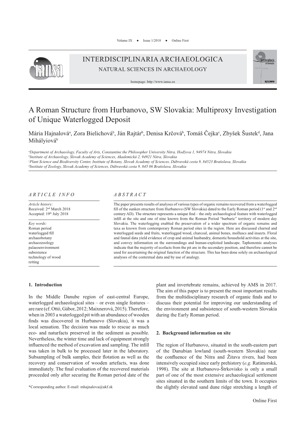 A Roman Structure from Hurbanovo, SW Slovakia: Multiproxy Investigation of Unique Waterlogged Deposit