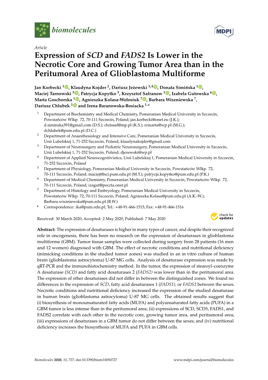 Expression of SCD and FADS2 Is Lower in the Necrotic Core and Growing Tumor Area Than in the Peritumoral Area of Glioblastoma Multiforme