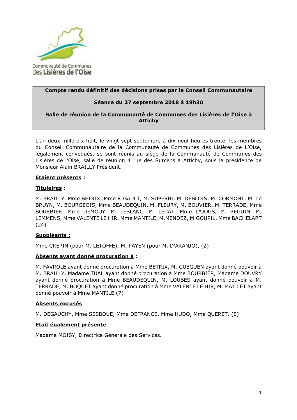 Compte Rendu Définitif Des Décisions Prises Par Le Conseil Communautaire