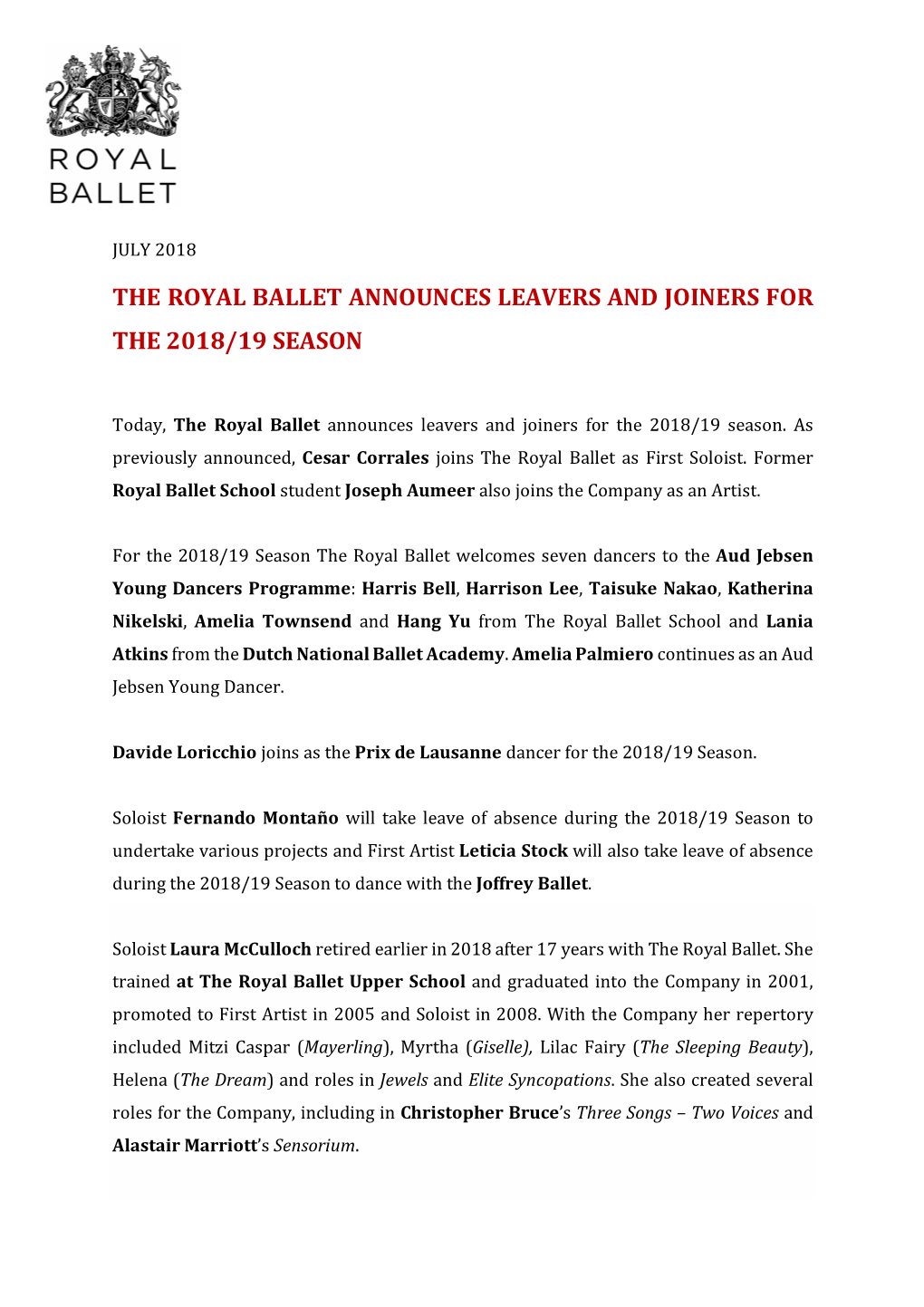 The Royal Ballet – Leavers and Joiners 2018/19