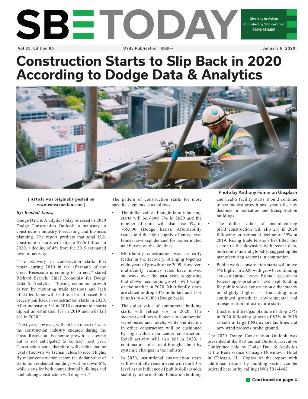 Construction Starts to Slip Back in 2020 According to Dodge Data & Analytics Photo by Skitterphoto from Pexels