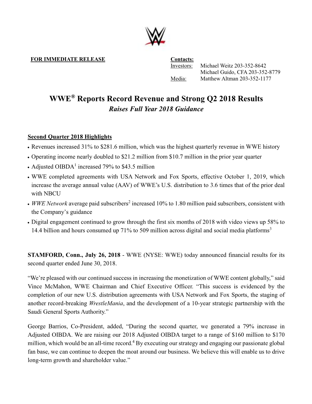 WWE® Reports Record Revenue and Strong Q2 2018 Results Raises Full Year 2018 Guidance
