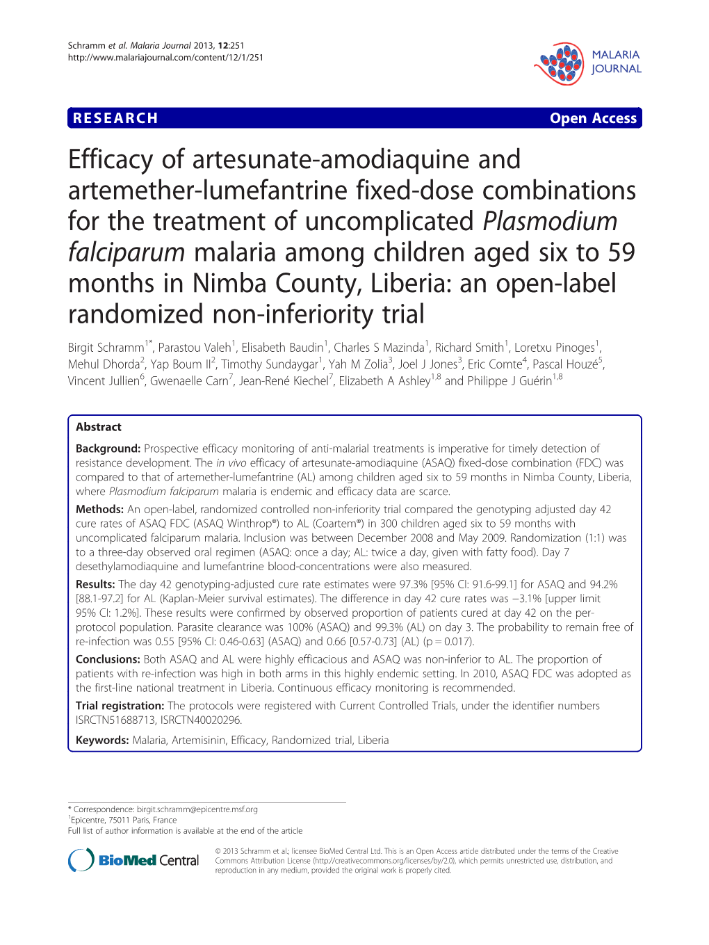 Efficacy of Artesunate-Amodiaquine and Artemether-Lumefantrine Fixed